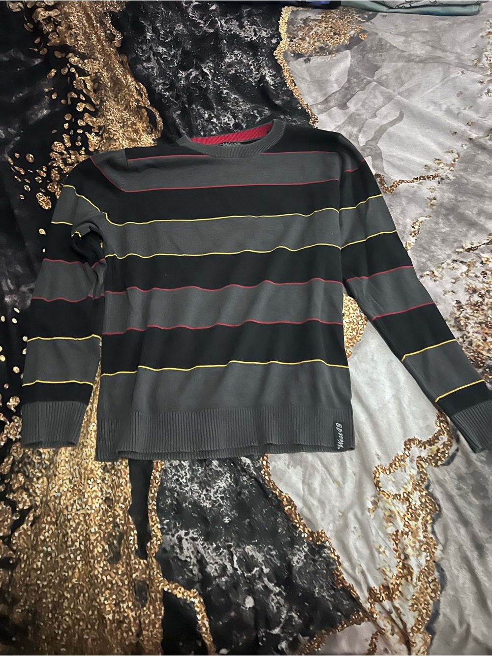 Striped Crewneck Sweater in Dark Gray with Yellow & Red Accents